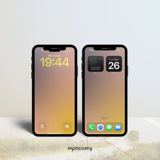 Two phones placed side by side showing a beautiful iPhone wallpaper in warm amber and golden gradient tones, one as a lock screen and one as a home screen with app icons along the bottom