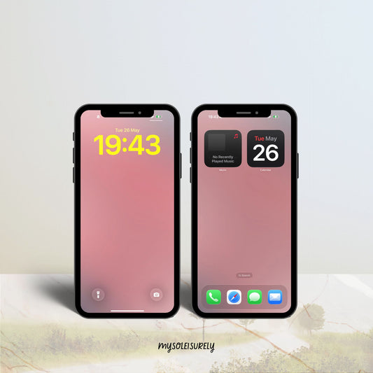 Two phones placed side by side showing a nice iPhone wallpaper in warm soft pink gradient tones, one as a lock screen and one as a home screen with app icons along the bottom.