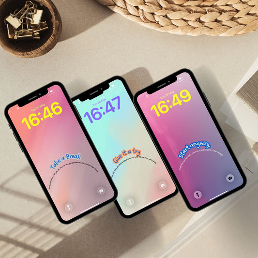 Three phone mockups layered at an angle showing soft pastel lock screen wallpapers. A short affirmation curves along the bottom of each screen in a gentle arch.