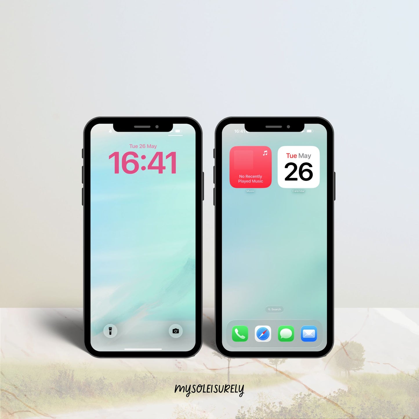 Two phones placed side by side showing a phone aesthetic wallpaper, one as a lock screen and one as a home screen with app icons along the bottom.