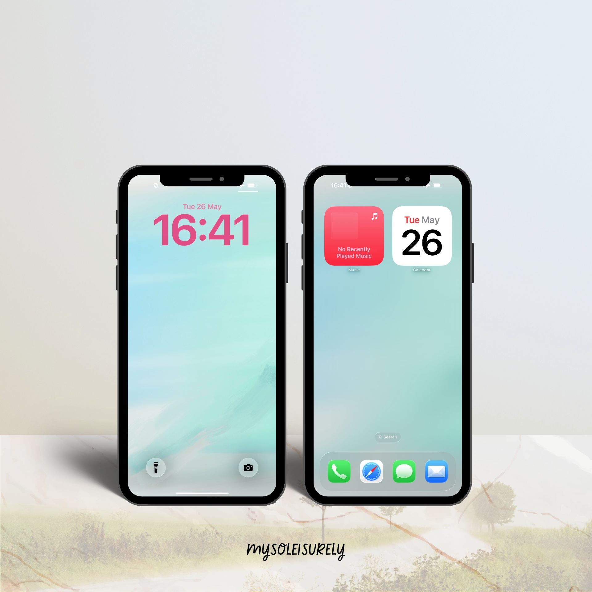 Two phones placed side by side showing a phone aesthetic wallpaper, one as a lock screen and one as a home screen with app icons along the bottom.