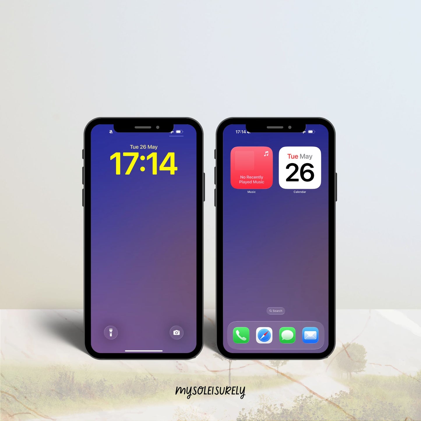 Two phones side by side featuring a wallpaper, one as a lock screen and one as a home screen with app icons along the bottom.