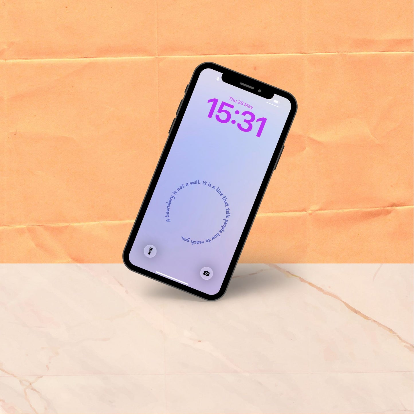 A single phone tilted at an angle showing a soft blue periwinkle gradient lock screen wallpaper with a short affirmation curving gently at the centre.