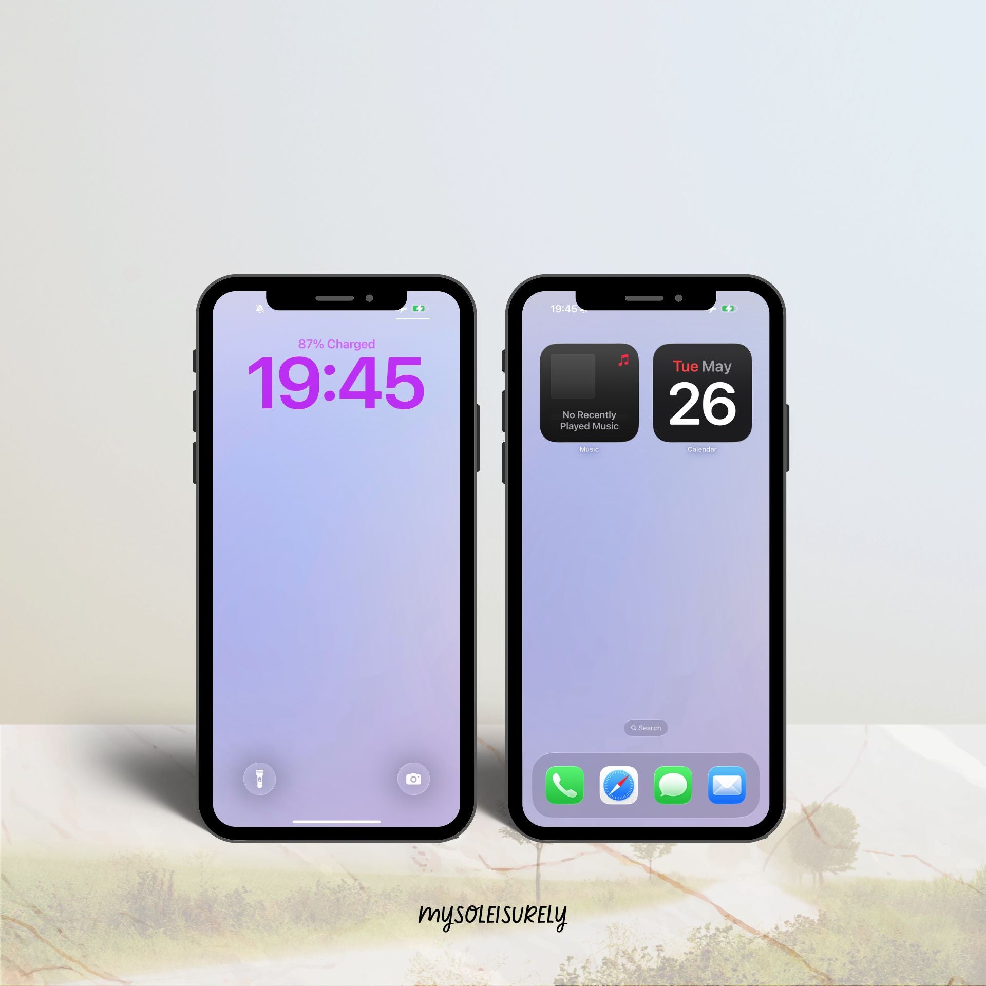 Two phones placed side by side showing an inspirational phone wallpaper in soft blue periwinkle gradient tones, one as a lock screen and one as a home screen with app icons along the bottom.