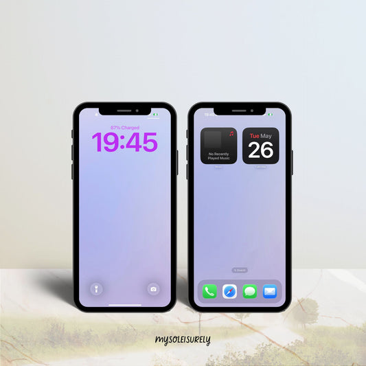 Two phones placed side by side showing an inspirational phone wallpaper in soft blue periwinkle gradient tones, one as a lock screen and one as a home screen with app icons along the bottom.