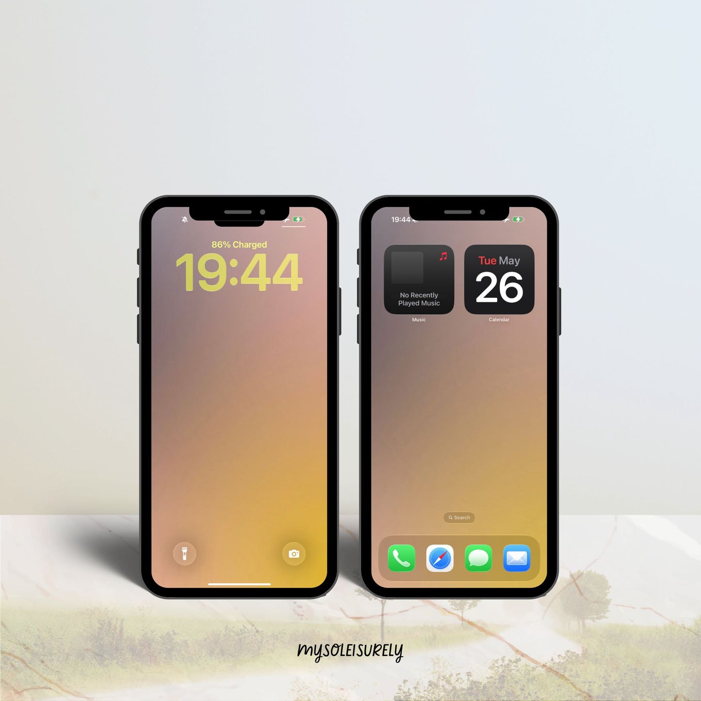 Two phones placed side by side showing a beautiful iPhone wallpaper in warm amber and golden gradient tones, one as a lock screen and one as a home screen with app icons along the bottom