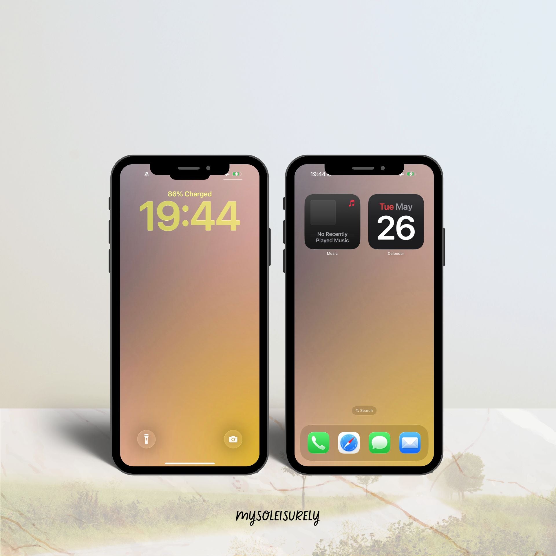 Two phones placed side by side showing a beautiful iPhone wallpaper in warm amber and golden gradient tones, one as a lock screen and one as a home screen with app icons along the bottom