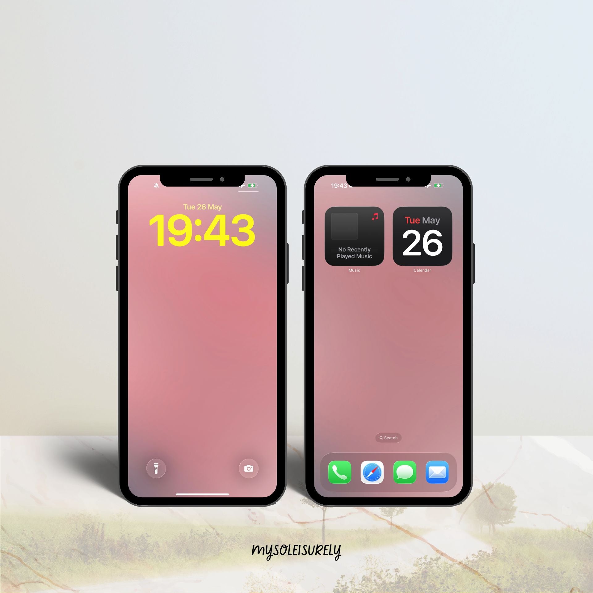 Two phones placed side by side showing a nice iPhone wallpaper in warm soft pink gradient tones, one as a lock screen and one as a home screen with app icons along the bottom.