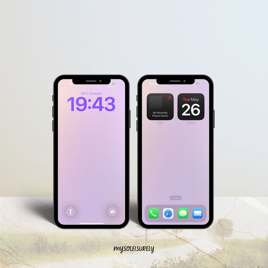 Two phones placed side by side showing a beautiful phone wallpaper in soft purple, one as a lock screen and one as a home screen with app icons along the bottom.